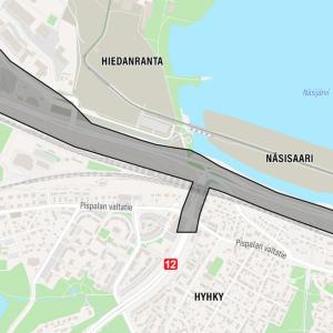 Karttakuvassa näkyy suunnittelualue rajattuna Lielahdenkatuun ja Rosenlewin ratasiltaan. Mukana on myös Vaitinaron liittymä.