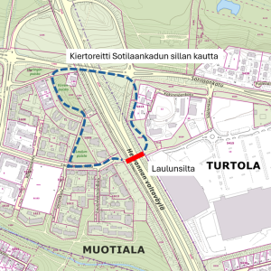 Turtolan Laulunsillan kulkureitit remontin aikana.