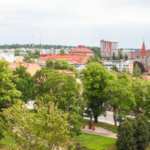 An aerial view of Tampere city centre, showing a summery park and the Cathedral