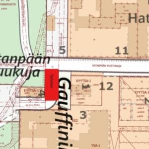 Hatanpään Gauffininkadun työalue merkattuna karttakuvaan.
