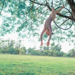 Aerial performer hangs upside down from a hoop attached to a tree branch, surrounded by greenery and open grass. The scene appears bright and natural.