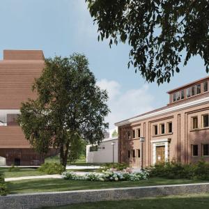 Havainnekuva Tampereen taidemuseosta ja sen viereen suunnitellusta uudisrakennuksesta.