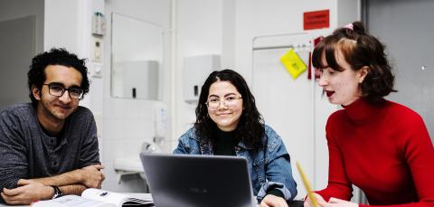 Tampereen lyseon lukion opiskelijoita tietokoneen äärellä.