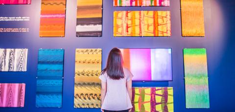 A person is looking at colourful wall art.