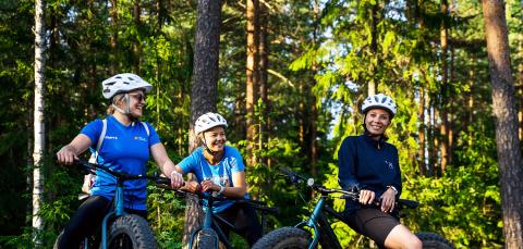 Three person with fatbikes in the summer forest. 