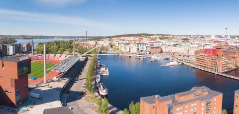 Beautiful drone view over city of Tampere in Ratina area in sunshine