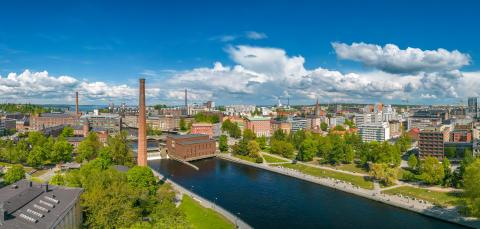 Sunny scenery of Tammerkoski rapids from above.