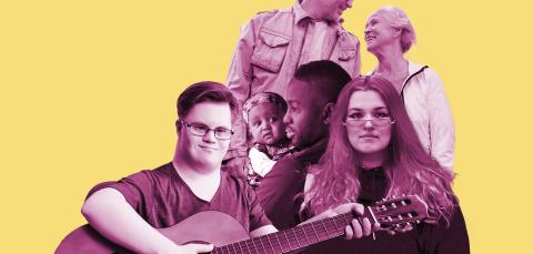 On a yellow background, a group of different people.