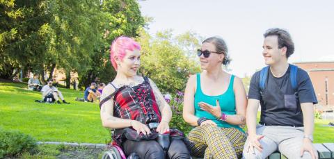 Kolme tamperelaista Koskipuistossa kesällä keskustelemassa. Yksi heistä käyttää pyörätuolia.