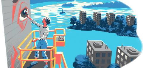 Cartoon style image of a person painting a mural on a building wall, lake view on the background.