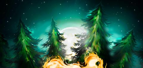 Piirroskuva, jossa on kuusia ja edessä liekkejä.