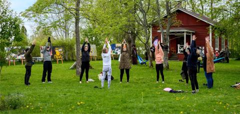 A large number of people are outside exercising. They are standing on the grass with their arms stretched high up.