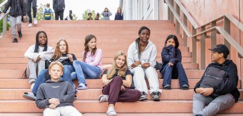 Oppilaita istuu portailla.