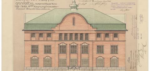 Tampereen kauppaoppilaitoksen julkisivupiirustus vuodelta 1911.