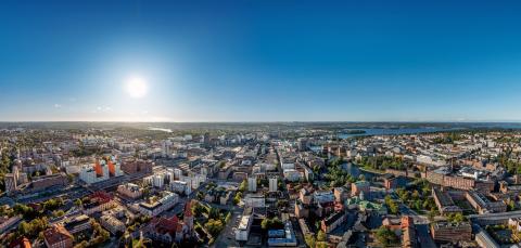 A view of Tampere city centre from the sky on a sunny day.