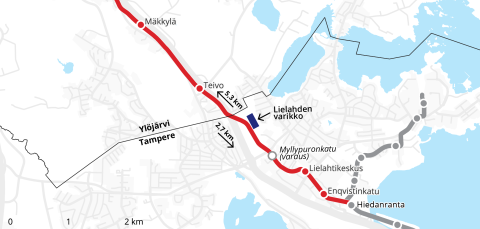 Karttakuva Lielahti-Ylöjärven raitiotiereitin suunnitelmasta.