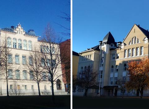 Kaksi kuvaa isoista vanhoista kivisistä koulurakennuksista.