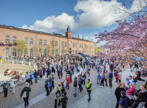 Paljon ihmisiä seisoo Frenckell-rakennuksen edustalla kirsikkapuiden alla