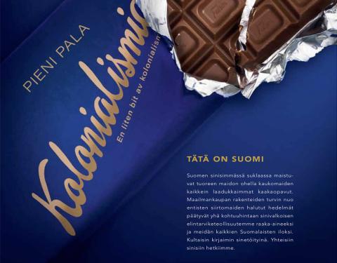 Vastamainoskuva Fazerin sininen -suklaalevystä, jossa lukee Falser Kolonialismia.