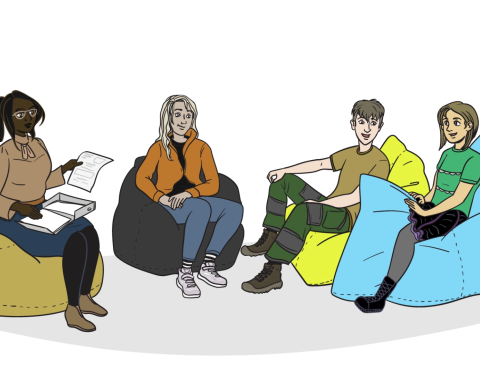 Piirroskuva itsenäisesti asuvista nuorista ja ryhmän ohjaajasta istumassa säkkituoleilla