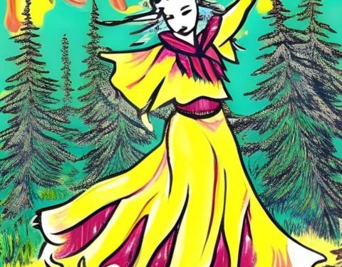 Piirroskuvassa keltaiseen liehuvahelmaiseen mekkoon pukeutunut naishahmo tanssii metsässä. Taustalla on kuusia ja niiden yläpuolella loimuaa liekkejä.