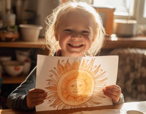 Vaaleahiuksinen lapsi hymyilee ja näyttää katsojalle kuvaa piirretystä auringosta.