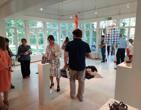 Ihmisiä näyttelyavajaisissa.