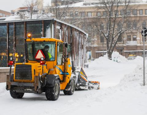 A ploughing tractor works in the centre photographed from behind.