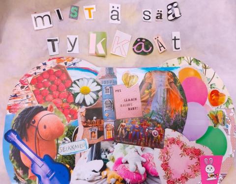 Kollaasityylillä tehty värikäs kuva lempiasioista
