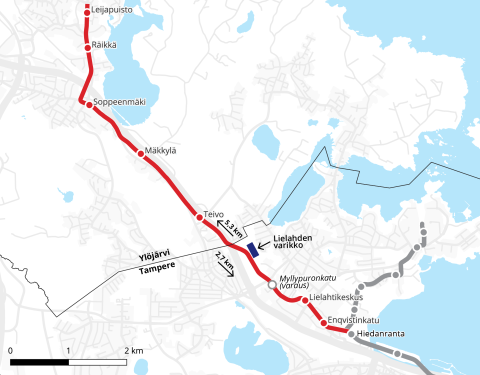 Karttakuva Lielahti-Ylöjärven raitiotiereitin suunnitelmasta.
