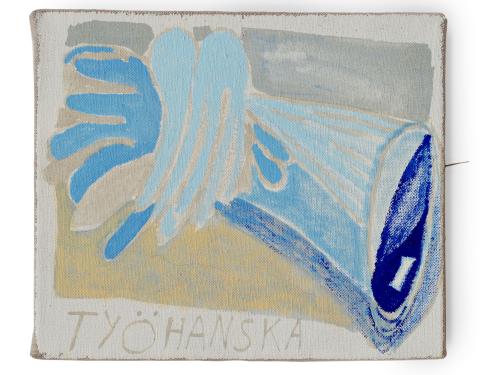 Kaksi sinistä työhanskaa lomittain maalauksessa.