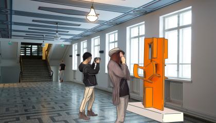 A drawing of a woman and a man looking at a work of art; an illustration of the Nekala Cultural Centre.