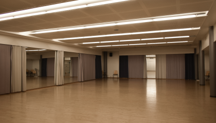 Sampolan Marjatta-sali, jossa on tyhjä lattia ja peilit seinillä.