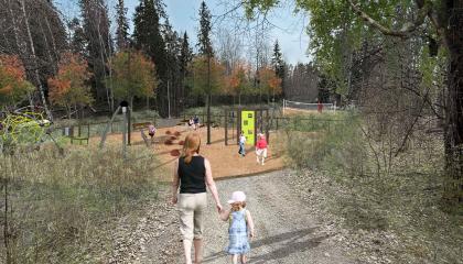 Vanhempi ja lapsi menossa Romsinpuiston leikkipaikalle.