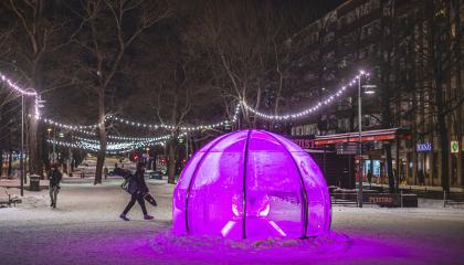 Hämeenpuiston graniittipallon suojakupu pinkissä valaistuksessa