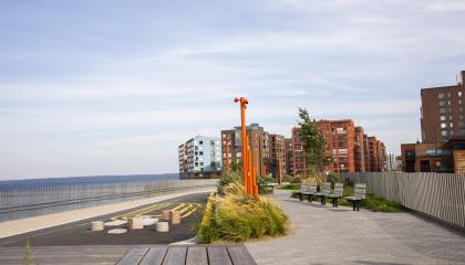 Näsin puistosillan pensaita ja kalusteita.