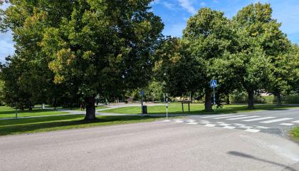 Härmälänpuiston länsiosa, etualalla katu.