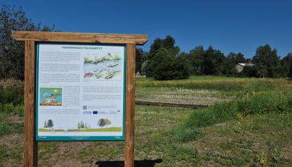 Tulvaniityistä kertova kyltti Varsanpuistossa.