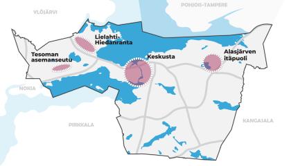 Kantakaupungin vaiheyleiskaavan 2021-2025 alue rajautuu pohjoisessa Näsijärveen ja Näsijärven Hangaslahdesta alkaen valtatie 9:ään ja muissa suunnissa naapurikuntiin: Kangasalaan, Lempäälään, Pirkkalaan, Nokiaan ja Ylöjärveen.