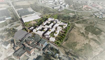 Viitesuunnitelma kuva, johon hahmoteltu kortteleihin rakennusmassoja asemakaavan mukaisesti.