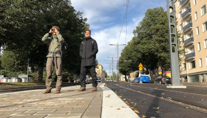 Kaksi henkilöä seisoo ratikkakiskojen vieressä Pyynikintorin laidalla. Toinen katsoo kiikareilla.