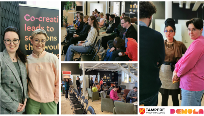 Neljän pikkukuvan kollaasi. Kaikissa kuvissa opiskelijoita eri tilanteissa, kuten istumassa luentosalin tuoleilla tai keskustelemassa keskenään pienissä ryhmissä.