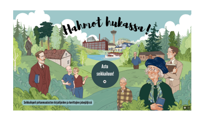Hahmot hukassa! -pakopelin aloituskuva, jossa pirkanmaalaisia kirjailijoita ja kuvittajia seisoo maisemassa, jonka taustalla näkyy maaseutumaista luontoa ja Tampereen kaupungin siluetti. 