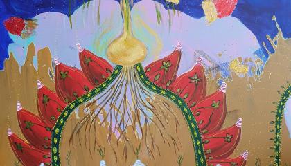 Värikkäässä maalauksessa maasta kasvaa puna-kelta-vihreitä mukuloita. Niistä lähtee vihreät varret ylöspäin, joiden päässä on keltainen sipuli, josta kohoaa edelleen vihreitä tähkiä kohti taivasta.