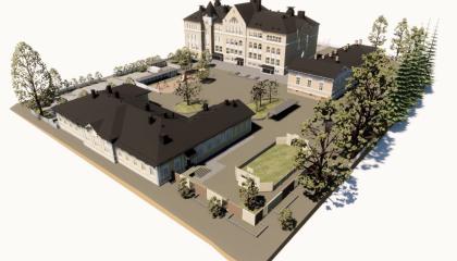 Havainnekuvassa Aleksanterin koulun rakennuksia ja pihapiiriä.