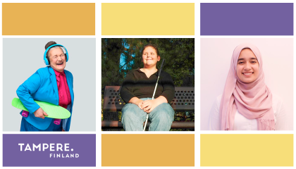 Kuvakollaasi, jossa kolme naista. Heistä yksi pitelee skeittilautaa, toisella on näkövammaisen keppi ja kolmannella on päässään hijab. 