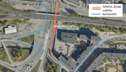 Viinikankadun sulku- ja kiertoreitti kartalla sillan kohdilla