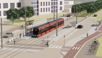 Havainnekuva ratikasta Hatanpään puiston kohdalla, etelän suuntaan