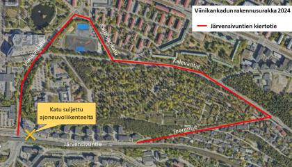 Kiertoreitti &quot;Viinikankatu-Salhojankatu-Kalevantie -Teerentie&quot; kartalla.