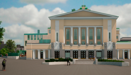 Havainnekuvassa on Tampereen teatterin rakennus Keskustorin suunnasta katsottuna. Rakennuksen vasemmalle, eli pohjoiselle puolelle on hahmoteltu laajennusosaa ja siihen liittyvää terassia.